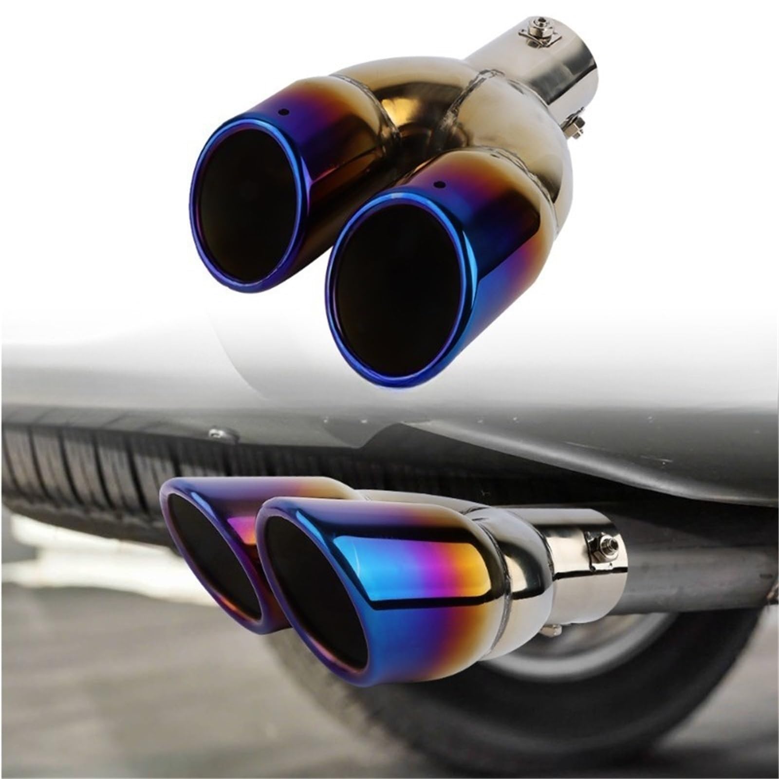 Car Silencer Universal Car 63mm końcówka rury wydechowej wlot stal nierdzewna podwójny wylot tłumik samochodowy ogona przykręcana(B-Blue-1pcs)