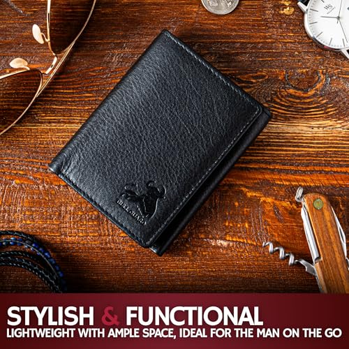 Image of BULL GUARD RFID Genuine Leather Trifold Wallets for Men ID Window, Secret Pocket, Mountain Black - Pebble Stone Black, 3.25 x 4.25 x 0.75 inches, Rfid Wallet