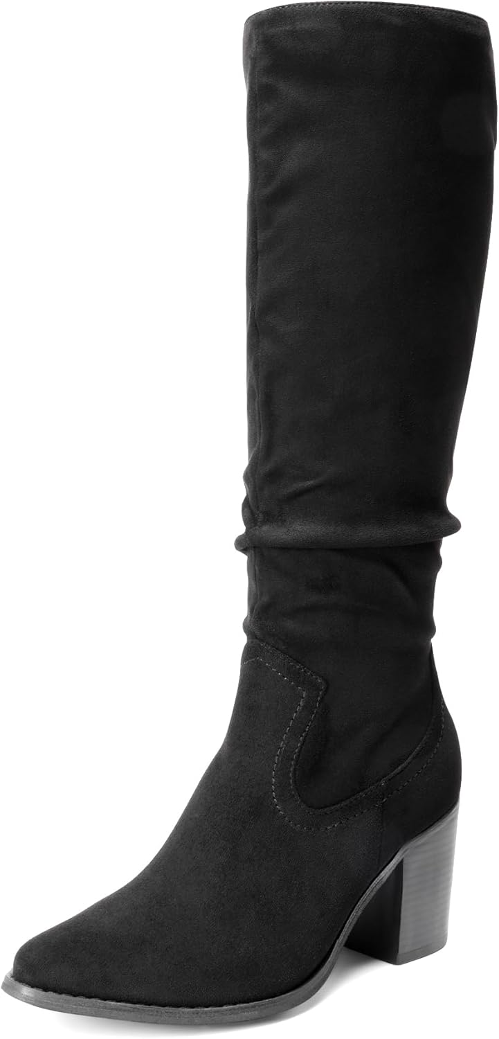 DREAM PAIRS Women's Knee-High Boots, Comfortable Chunky Block Heel Pointed Toe Pull On Side Zipper Suede Slouch Riding Boots 11 Black