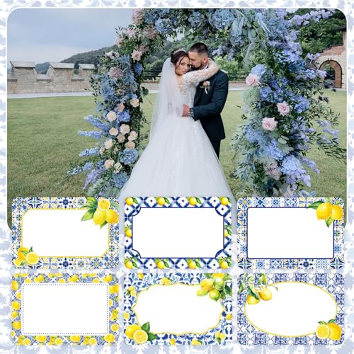 Image of Whaline 180 Pcs Capri Lemon Name Labels Classroom Bulletin Board Label Decals Yellow Lemon Blue Tiles Name Tag Stickers for Spring Summer Office School Desk Wall Decor
