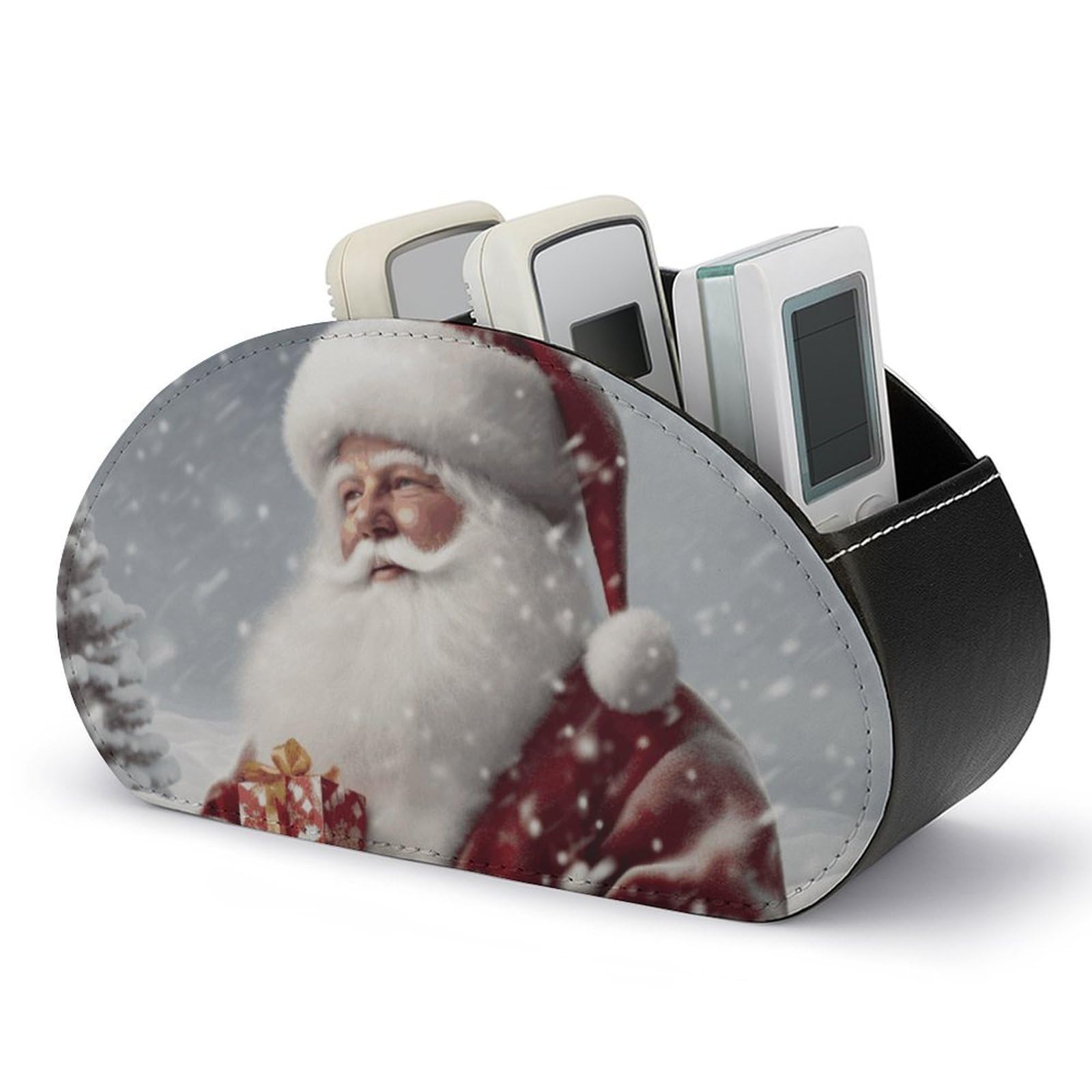 JTREHY Santa Claus Snow Secenry Remote Control Holder with 5 Compartments Pu Leather Remote Caddy Box Multi-functional Deskt Holders Organizer Box Tray Bedside Table Storage Organizer