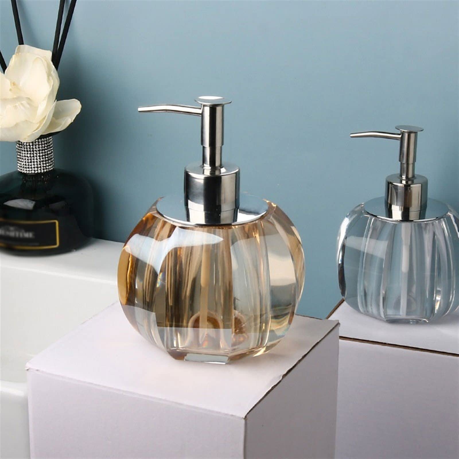 Dispensador de Ducha de Cristal Mecanismo de pulsación, Apto para champú en Gel y jabón líquido para hoteles y restaurantes (Color: Dorado).