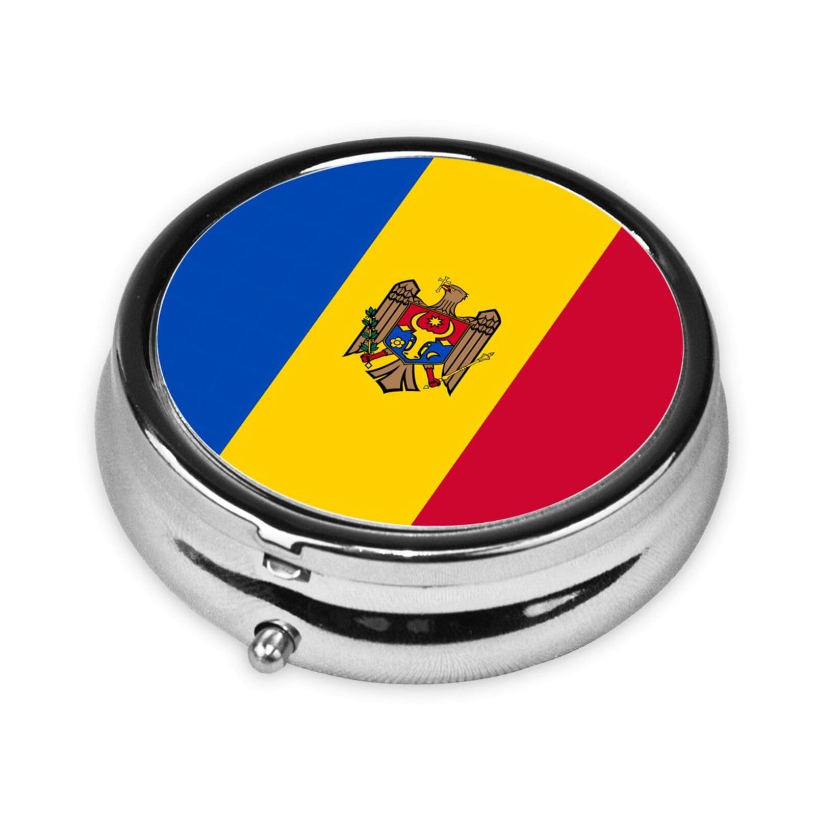 Cute 3-Compartments Round Pill Box Flag of Moldova Small Pill Case Portable Medicine Dispenser,for Pocket Purse