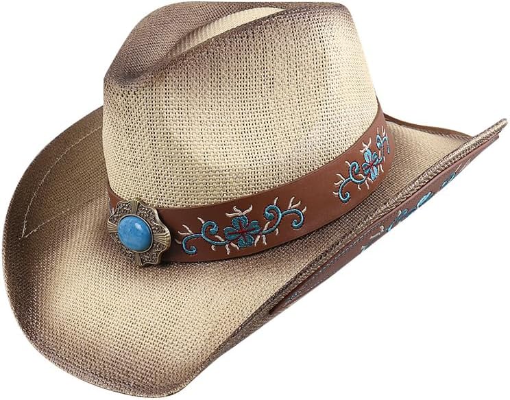 LIDHAY Men & Women's Woven Straw Cowboy Cowgirl Hat New Western Style Classic Cowboy Straw Hat Wide Brim Sun Hat