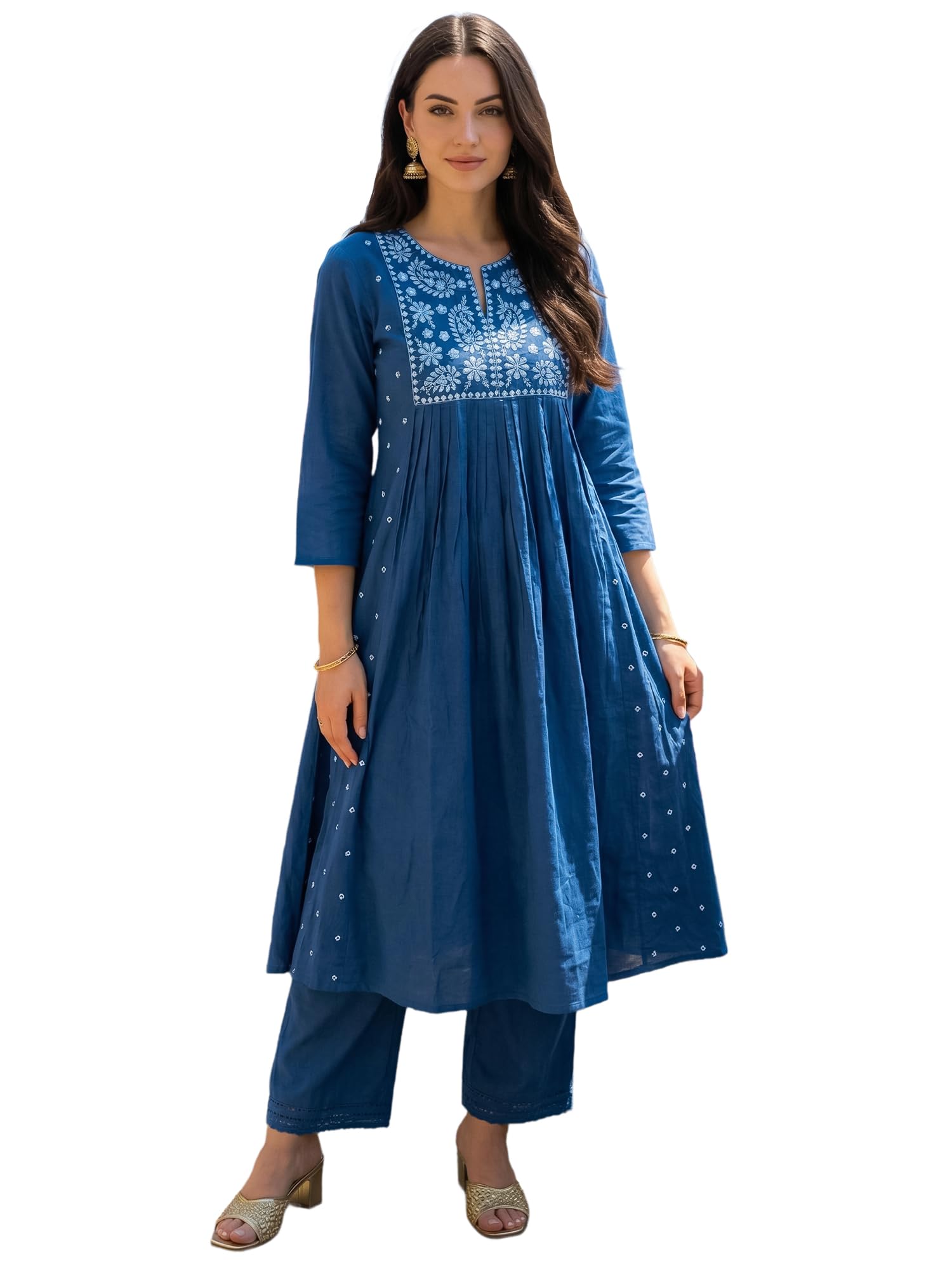 indo era Women's Pure Cotton Solid Embroidered A-Line Kurta & Pant Set (IEAI12183)-picture-28