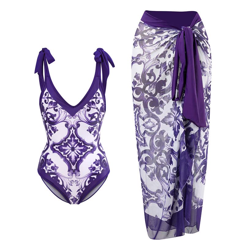 Women One Piece Swimsuit with Cover up Set High Waisted Beach Wrap Skirt Two Piece Bathing Suit