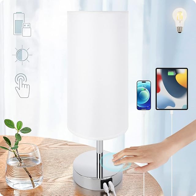 Yarra-Decor Lampe de chevet avec USB Port - Lampe de table à commande tactile pour chambre 3 Way Lampe de table de nuit dimmable avec fond rond blanc pour salon, dorme, bureau à la maison (LED Ampoule incluse)