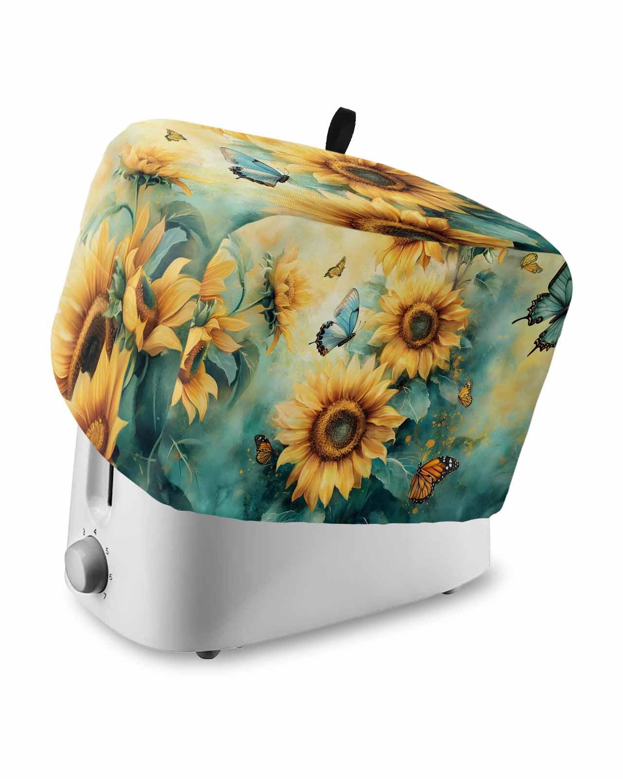 Yellow Sunflower Butterfly Toaster Cover 2 Slice, Teal Leaves Retro Abstract Dustproof Bread Machine Oven Cover with Storage Pockets, Fits Most Kitchen Toasters Protector