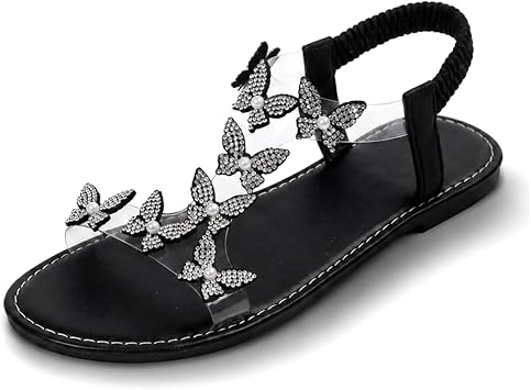Women Sandals Butterfly Rhinestone Dressy Casual Summer Comfortable Flat Sandal Beaded Sparkly Elastic Ankle Strap Beach Slippers