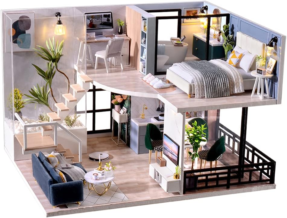 DIY Miniature Dollhouse Kit with Furniture, 1:24 Scale Creative Room Mini Wooden Doll House Accessories Plus Dust Proof & Music Movement for Kids Teens Adults(Satisfied Time)