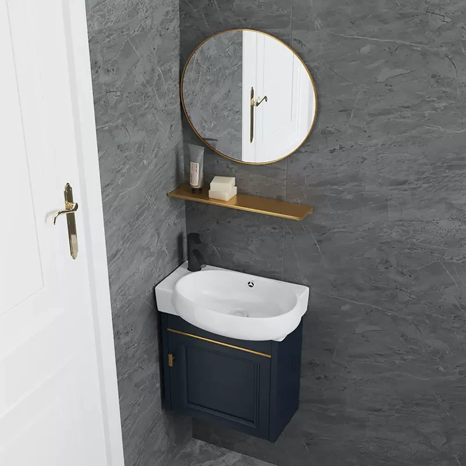 DFGHNBVC Wall Mounted Corner Vanity Cabinet With Sink Mirror, Space-Saving Bathroom Sink Combo For Small Spaces, Includes Hot And Cold Water Faucet,Right Cabinet-40Cm/16In