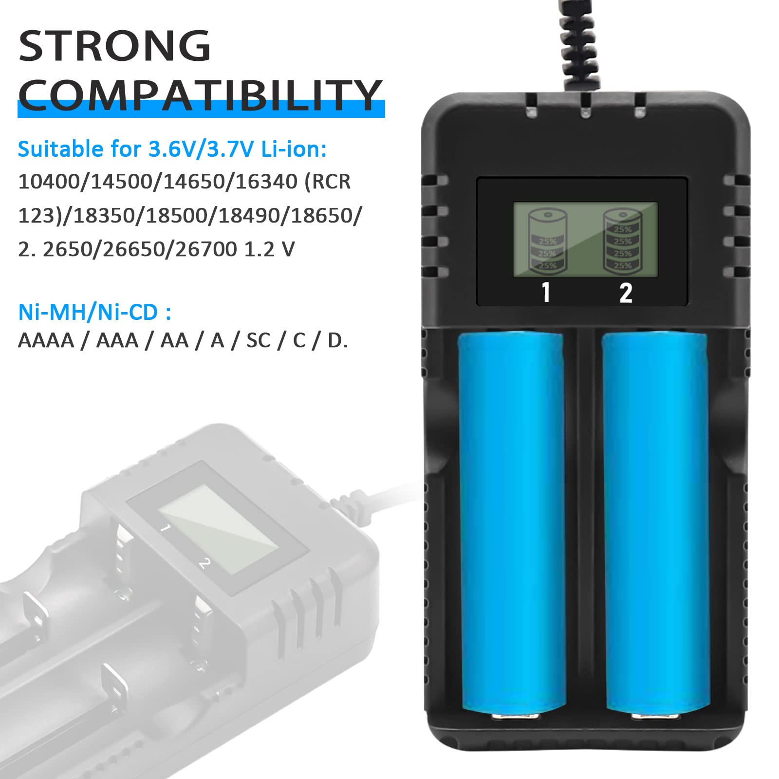 Chargeur de Batterie Chargeur de Batterie au Li-ION à LCD Affichage Charge Rapide Intelligente Tête à 2 Fentes Compatible avec Une variété de Batteries Li-ION 3,7 V 26650/18650/14500/16340