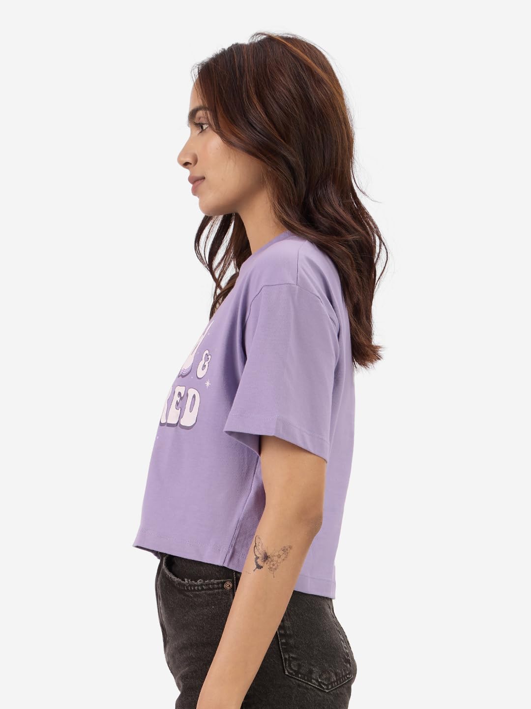The Souled Store Blessed and Unbothered - Camisetas de manga corta para mujeres y niñas, cuello redondo, estampado gráfico morado, de algodón, de gran tamaño
