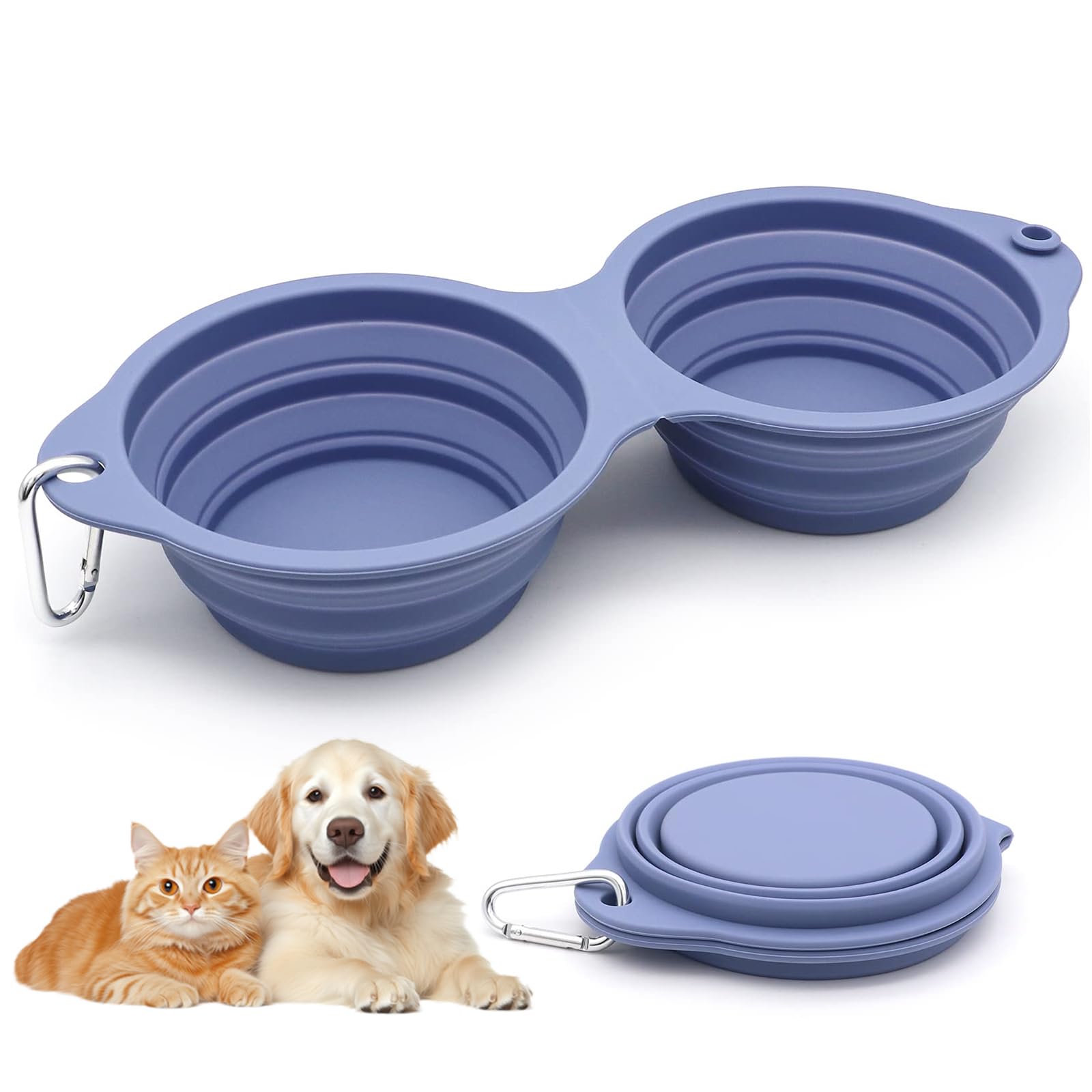 Bebedero Plegable, 2 en 1 Silicona Bebedero Perro Portátil, Cuenco Plegable Perro con Mosquetón, para Gatos, Perros y Mascotas, para Excursiones o Viajes (Azul Cielo)