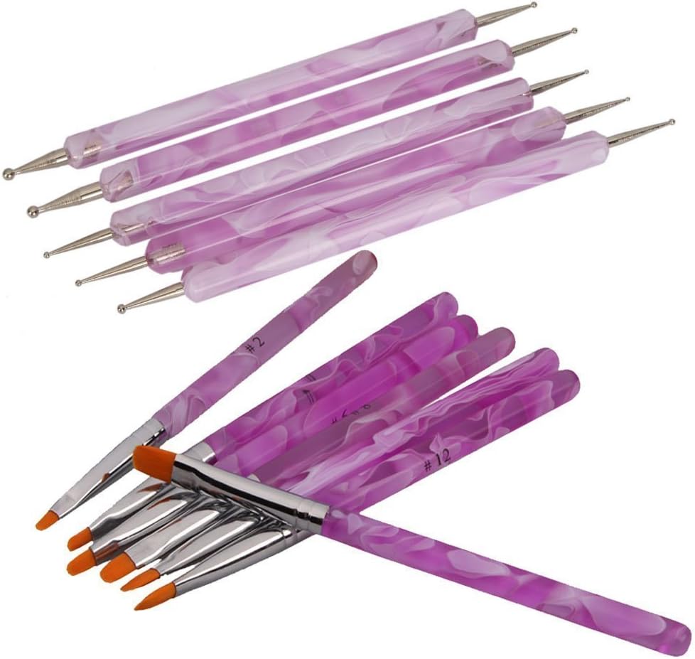 7Pcs UV Gel Acrylic Nail Art Painting Detailing Brushes + 5 X 2 Way Marbleizing Dotting Pen Set