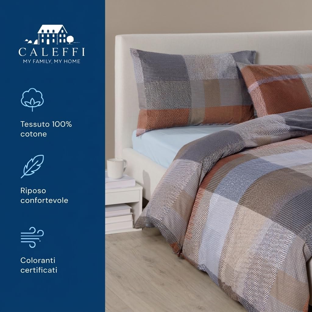 Caleffi - Copripiumino Matrimoniale Cotone con Federe 255x200 Oeko Tex | set parure completa, sacco piumino con bottoni, tinta unita, morbido, traspirante, no stiro, ipoallergenico, per piumone