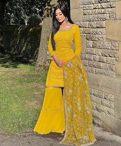 Image of Women's Designer Chinon Silk Sharara Suit Set, Sequence Embroidery Kurti with Tiered Sharara and Dupatta