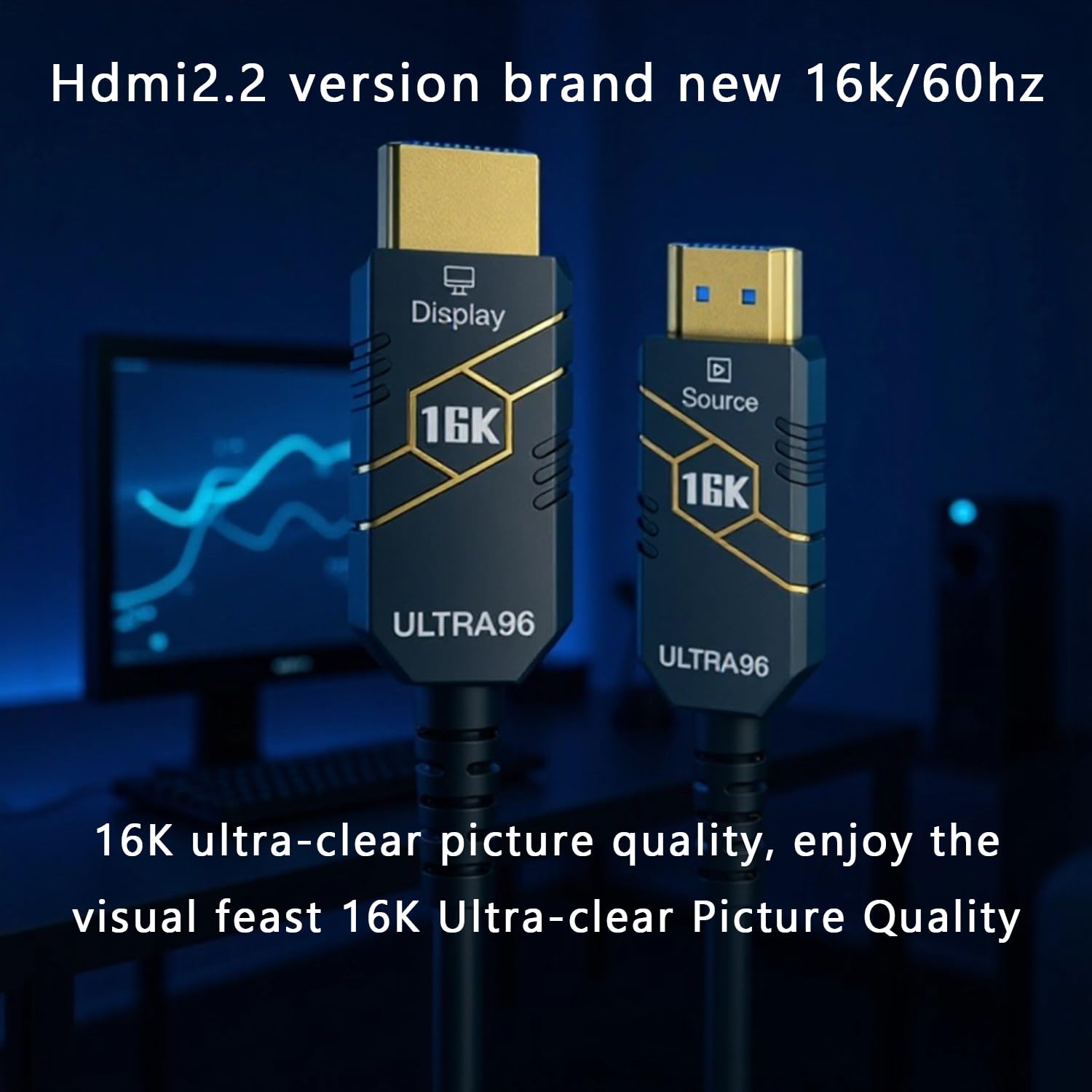Cable de fibra óptica HDMI2.2 de 2 m, 16 K, 96 Gbps de ultra alta velocidad, 4K240Hz 4K144Hz 8K120Hz 16K60Hz, HDCP 2.2 y 2.3, HDR dinámico, eARC, DTS, largo delgado y flexible para