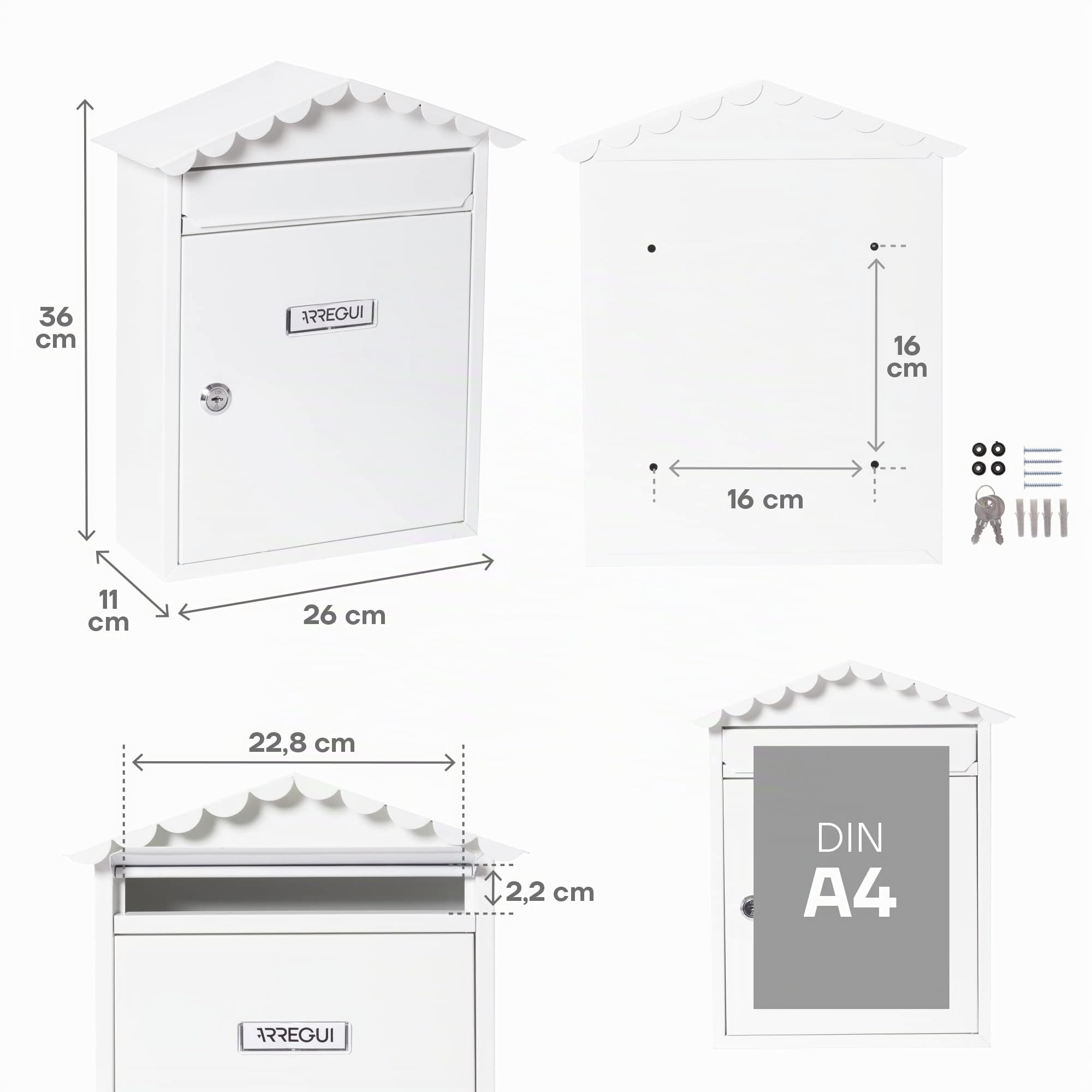 ARREGUI Visit E5741 Boîte aux Lettres en Acier, Taille M (Courrier Format A4, Magazine), Boîte aux Lettres individuelle, Boîte aux Lettres Murale, Anti-Pluie, Facile à Installer, Blanc
