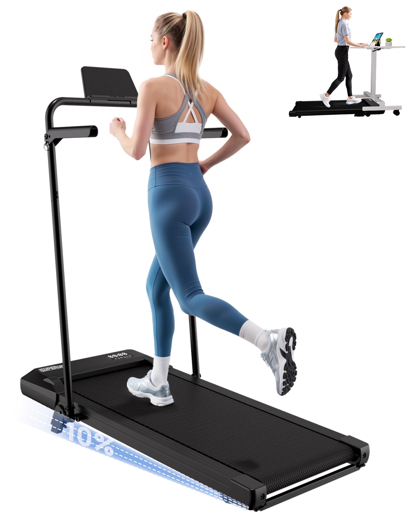 Superun Tapis Roulant Salvapazio Pieghevole Elettrico con Inclinazione 10%,2.5 CV Walking Pad,1-12km/h Tapirulan Elettrico Pieghevole con APP Controllo Corsi di Allenamento, Massima di 136 kg