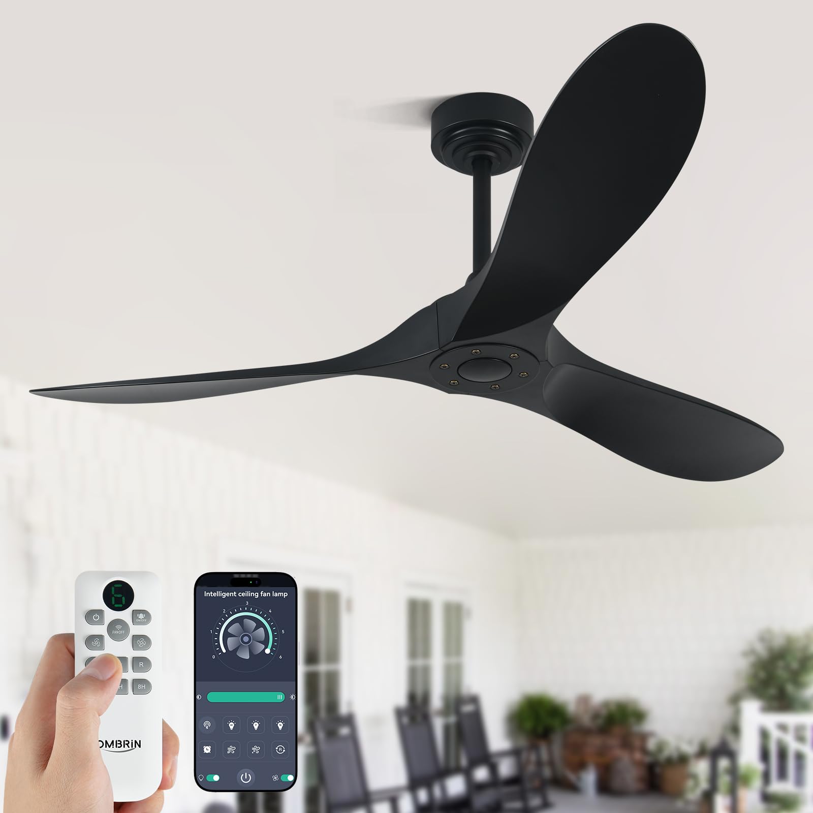 Photo 1 of Ombrin 42" Black Ceiling Fan No Light – Outdoor & Indoor Fan with ABS Blades, Remote & App Control, 6-Speed Adjustable Reversible DC Motor for Patio, Porch