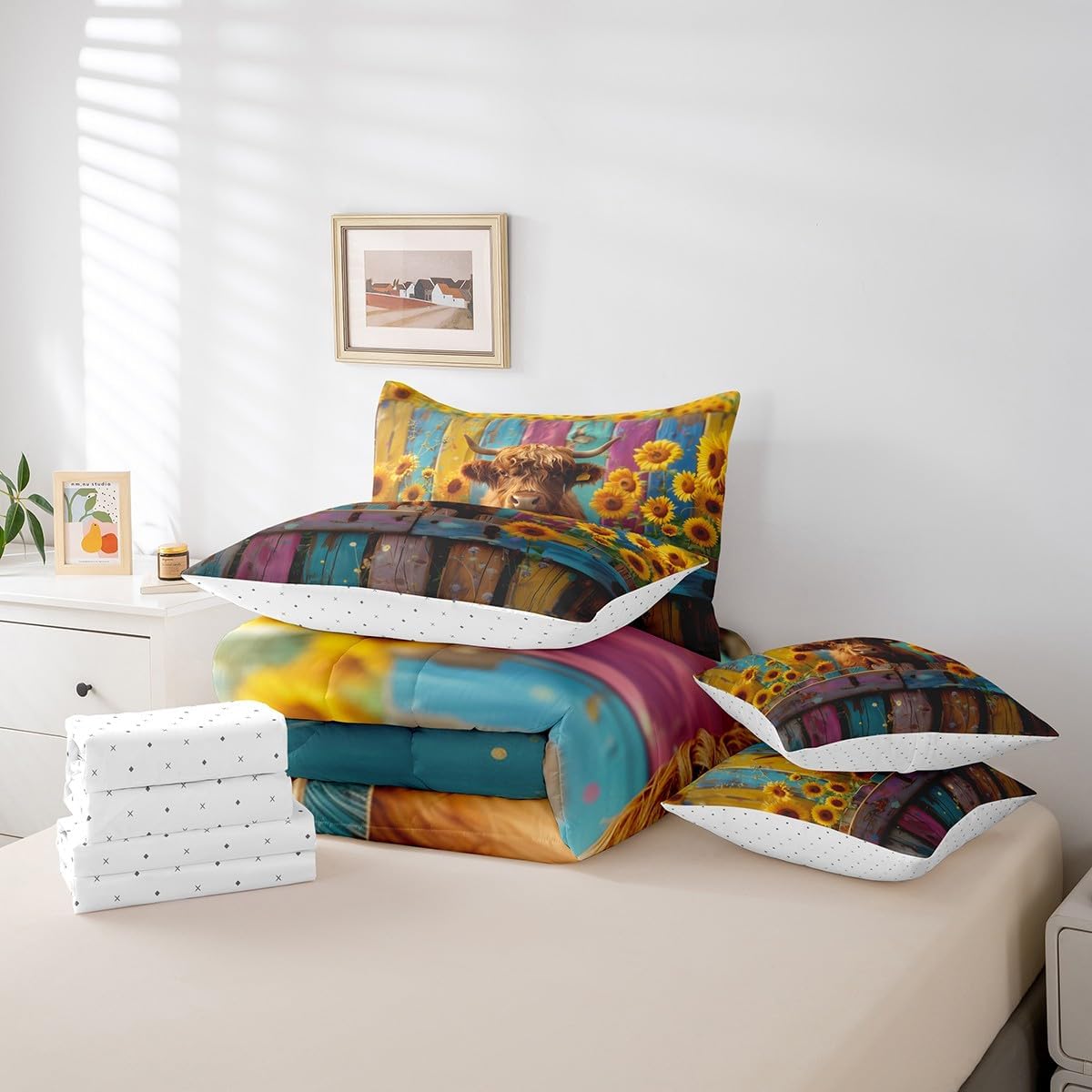 Feelyou Highland Cow Bed in a Bag Highland Cattle Queen Comforter Set with Sheets for Boys Girls Children Sunflower 7 Pieces Bedding Set Room Decor Farmhouse Bed Set