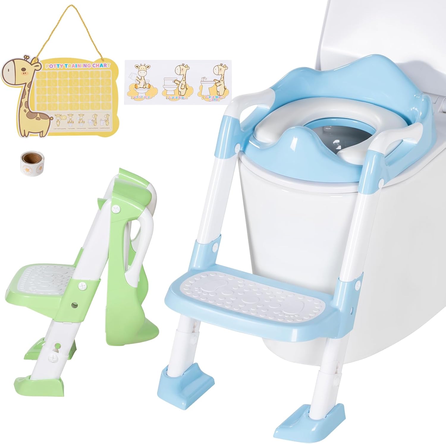 Potty Training Seat with Step Stool, Ladder, Potty Training Chart, Splash Guard (Blue & Green)