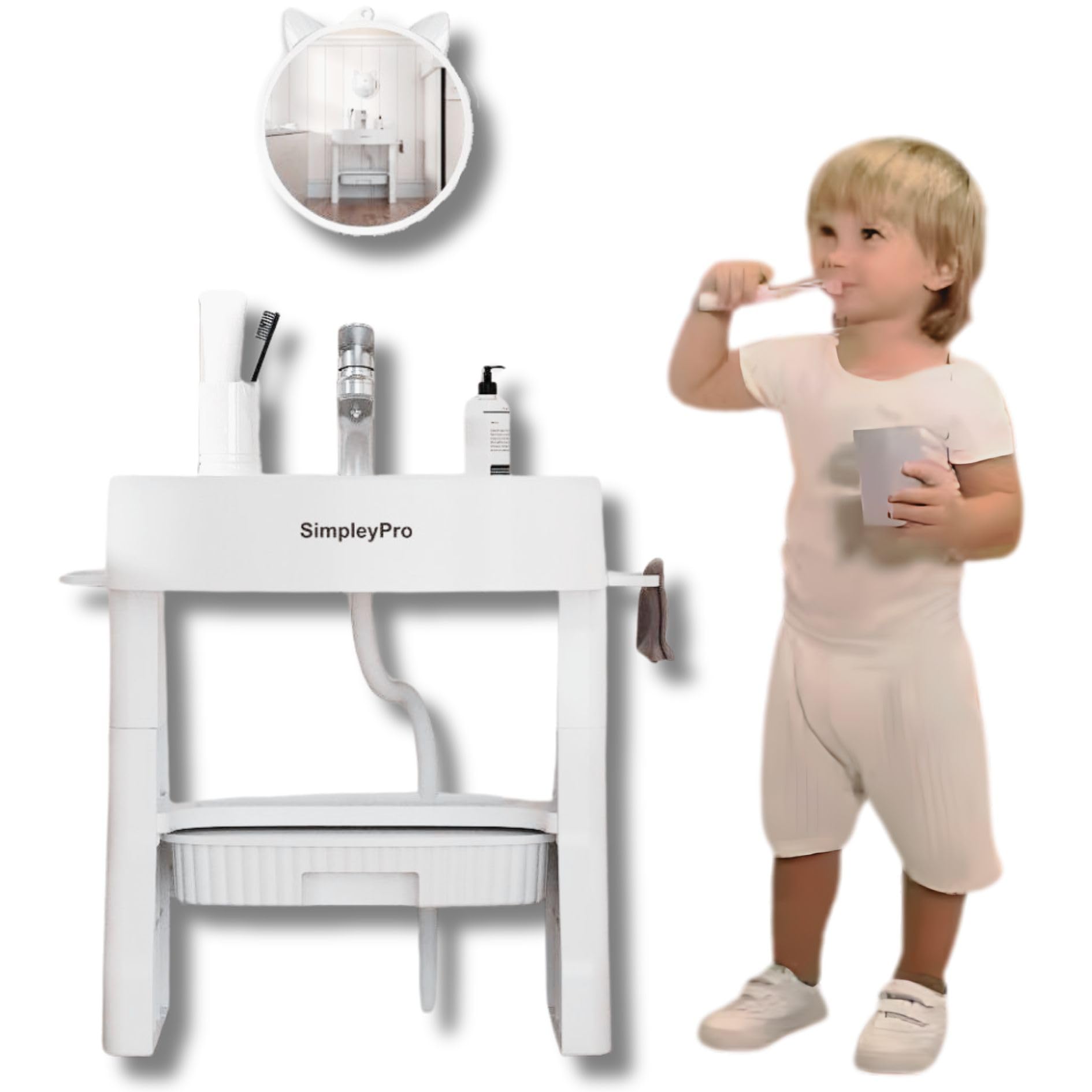 SimpleyPro Kinderwaschbecken mit Spiegel & Pumpe, Besser als Tritthocker & Lernturm ohne Herunterfallen, mobiles Waschbecken, Wasserspieltisch, Kinder Waschbecken Badewanne, Zahnputzstation Küche, Haushalt & Wohnen