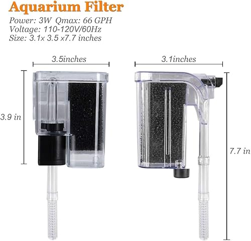 Miniatura 2 de PULACO Filtro ultra silencioso para colgar en acuario (66 GPH 3 W), filtro pequeño para pecera de 1 a 5 galones