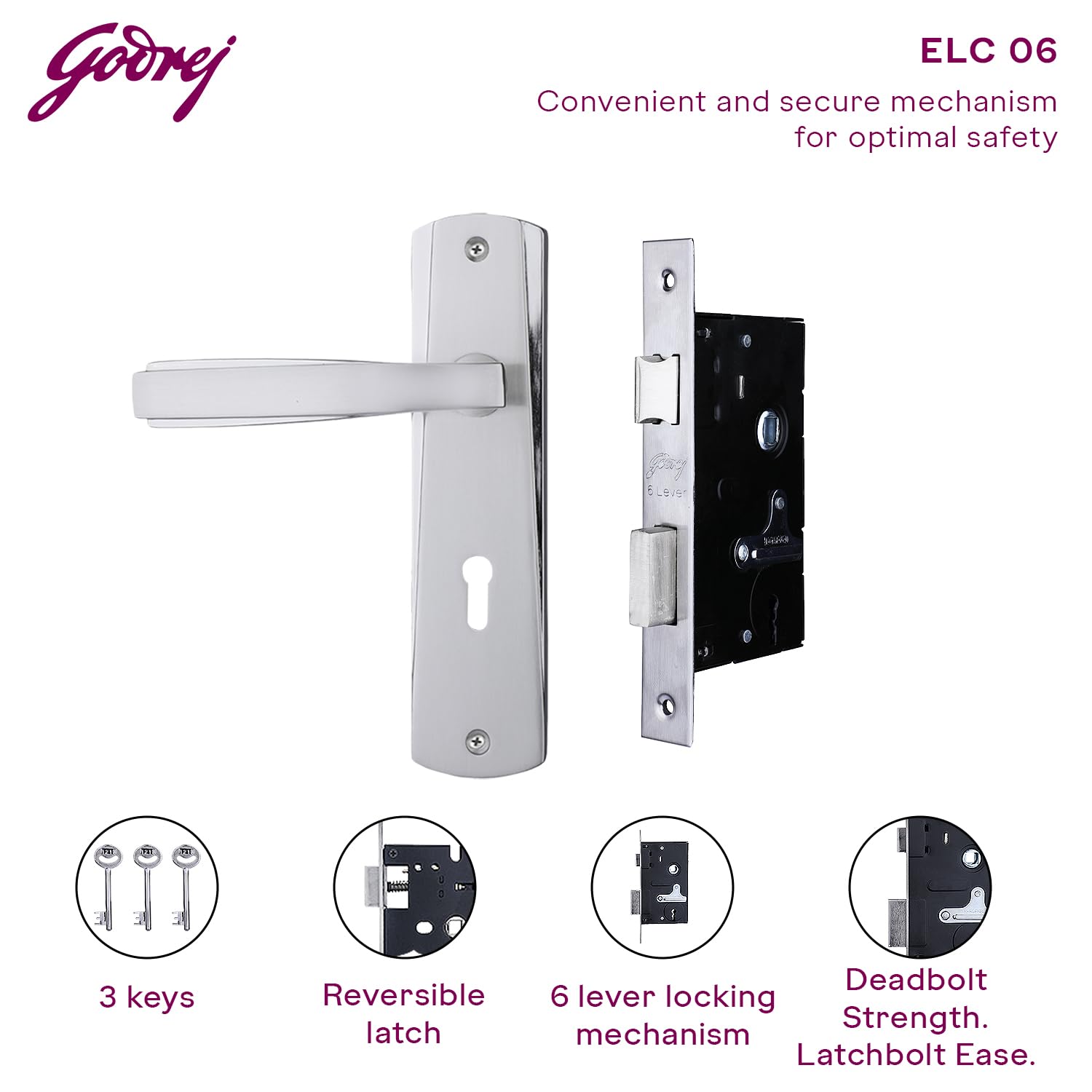 Godrej Mortise Door Lock Handle Set | 175mm ELC 06 | 6-Lever Locking Mechanism | Suitable for Left & Right Handed Doors (Satin Steel Finish) | 1 Years Warranty — Amazon image 4