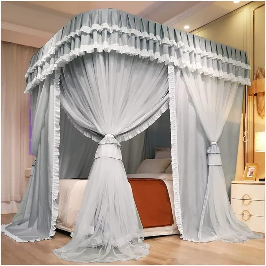 Double Bed Canopy Mosquito Net, Decorative Bed Curtain for Girls' Princess Room Bedroom with Metal Support (Gray 1)