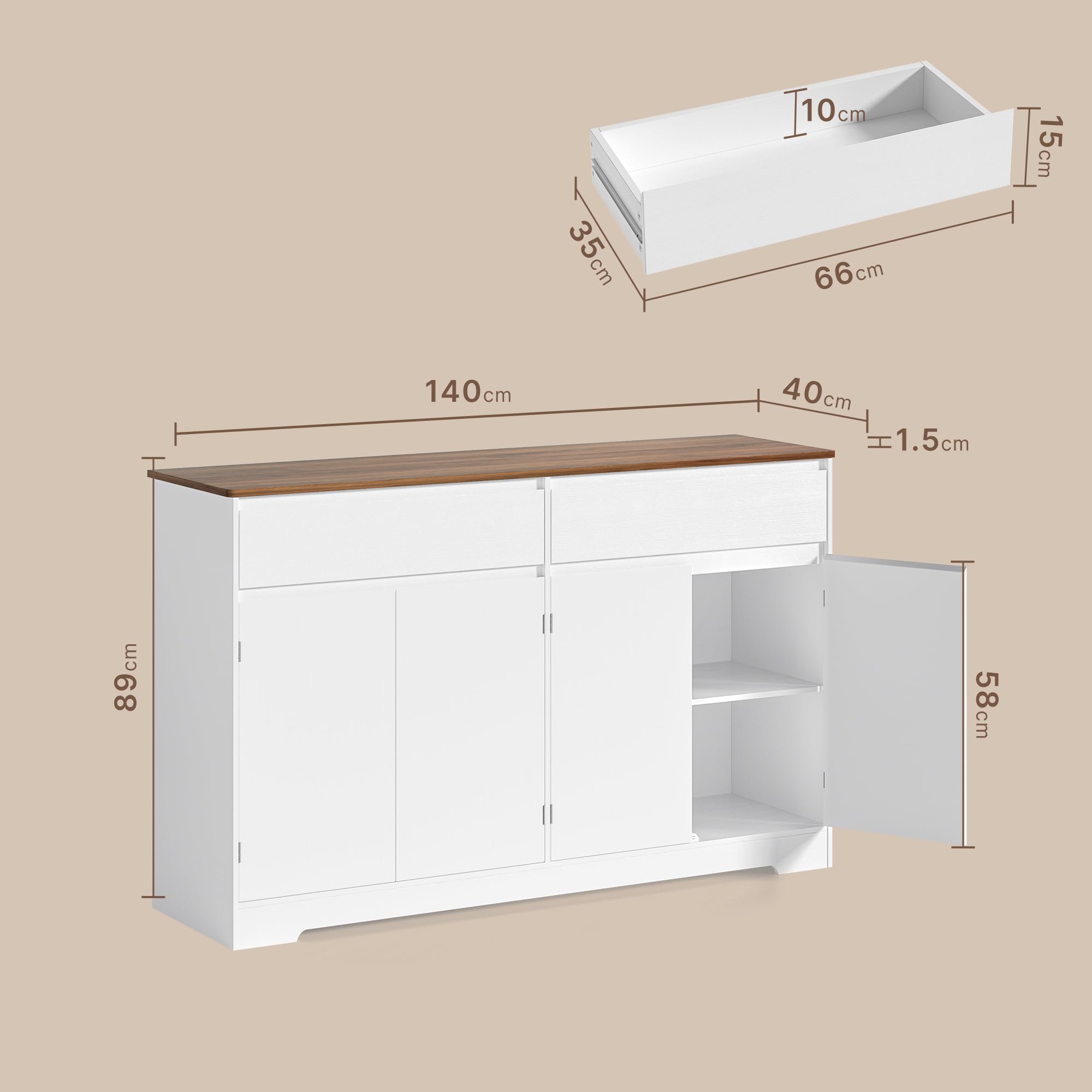 Xbro Credenza Cucina Grande 140 cm, Mobile Cucina con 4 Ante e 2 Cassetti, Madia Soggiorno Moderna con Ripiani Regolabili, Mobile Contenitore Multiuso per Cucina e Sala da Pranzo, Legno Naturale