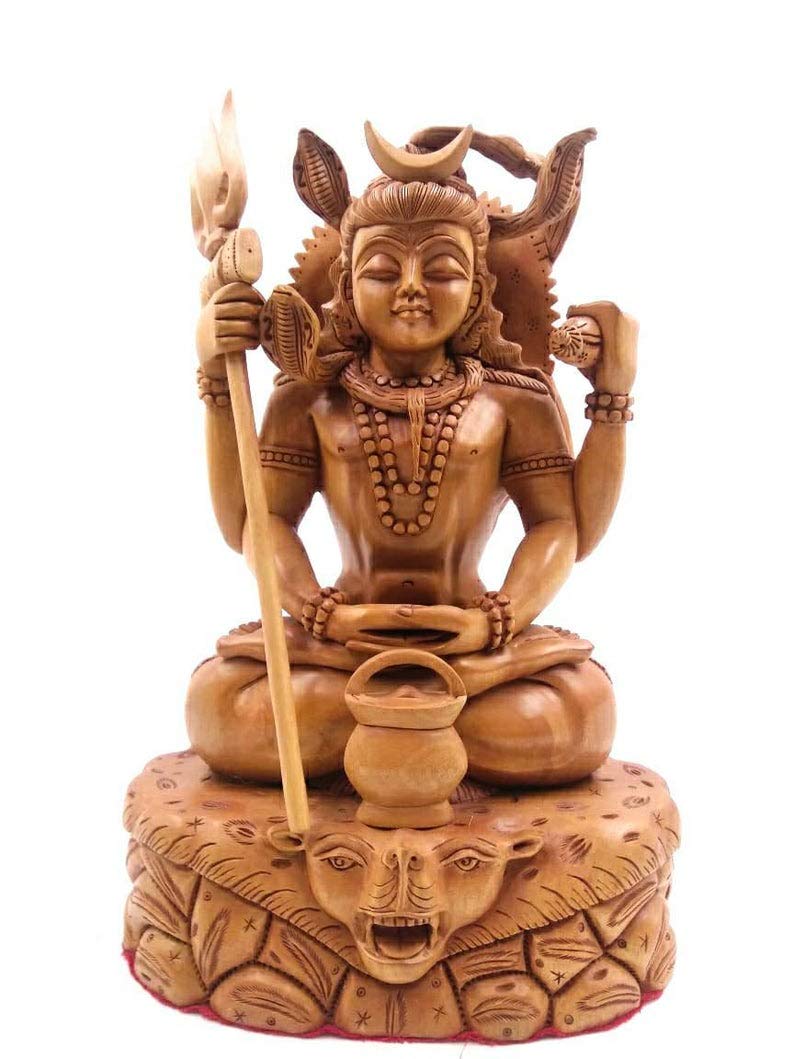 Hand Carved Wooden Idol of Shiva - Handcrafted Spiritual Statue - 8 Inches