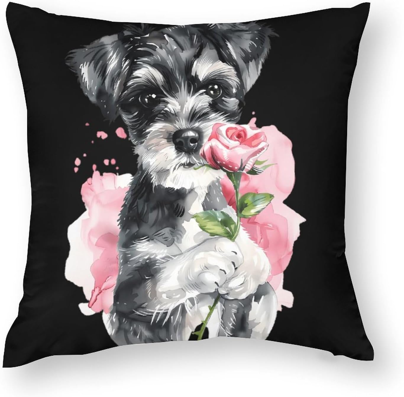 Watercolor Schnauzer Puppy Dog Rose Printed Throw Pillow Case 4 Pcs Soft Pillowcases Pillows Covers Sofa Bed Decor 12/14/16/17/18/20/22/24/32 Inches