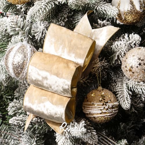 Image of Ribbli Champagne Velvet Wired Ribbon 4 Inch Metallic Champagne Gold Crushed Velvet Christmas Ribbon for Gift Wrapping Christmas Tree Decoration Crafts Wreaths Supplies-Continuous 10 Yards