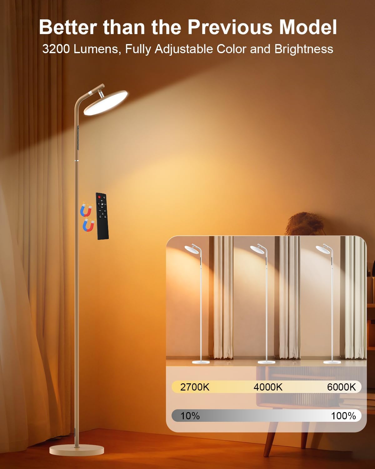 LED Floor Lamp, 36W Super Bright Standing Lamp with Remote &Touch Control, 69" Stepless Dimmable Torchiere Tall Lamp, 350°Rotating Head Floor Lamp for Living Room, Bedroom, Office, Brown