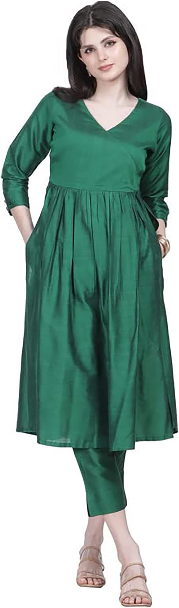 Ishwari Fab Women's Cotton Silk Blend Solid Naira Cut with Straight Kurta/Kurti with Two Side Pockets Bottom Set for Any Occasion