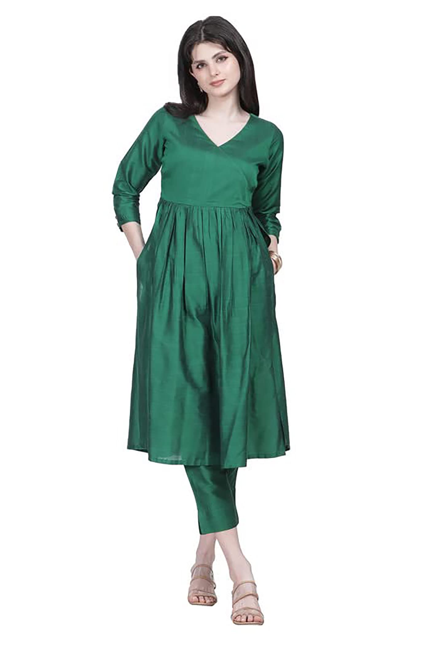 Ishwari Fab Women's Cotton Silk Blend Solid Naira Cut with Straight Kurta/Kurti with Two Side Pockets Bottom Set for Any Occasion