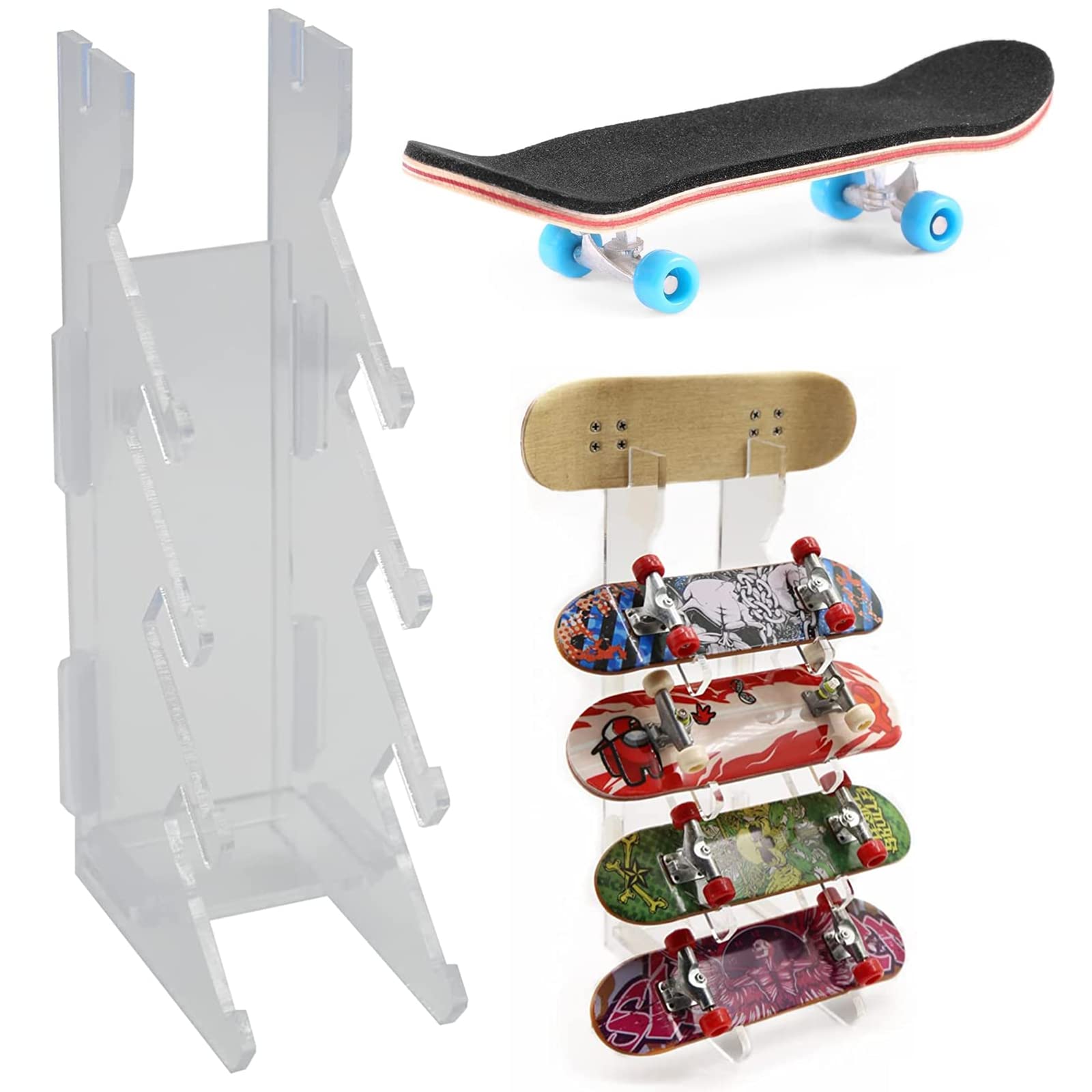 BISOZER Finger Skateboard and Finger Board Display Rack, Wooden Finger Board Ultimate Sport Training Props, Pro Finger Board Racks Floor Stand, Five-Layer Angle Skateboard Holder