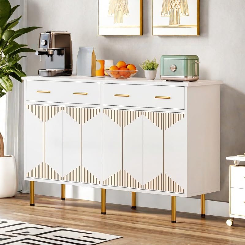 DWVO Modern Sideboard Buffet Cabinet with Storage, 55" Kitchen Storage Cabinet with Doors and Drawers for Hallway, Kitchen or Living Room, White/Gold