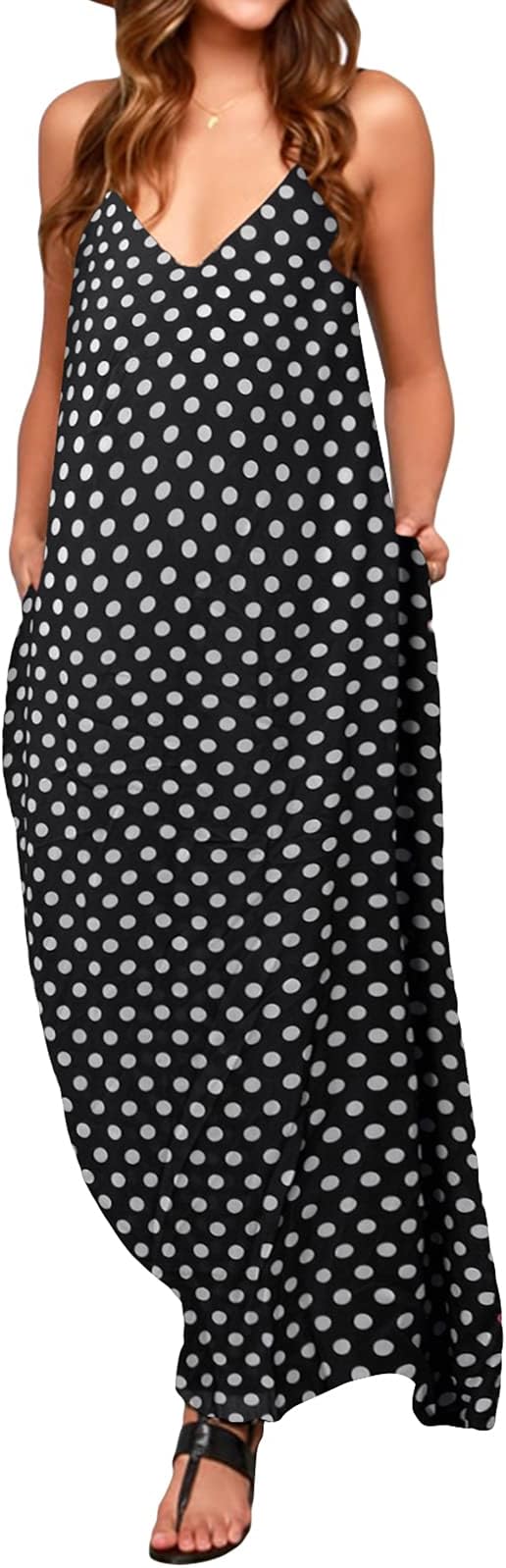 ZANZEA Womens Polka Dot Maxi Dress Casual Summer Floral Print Long Boho Beach Sundress Plus Size 01 Black US 4