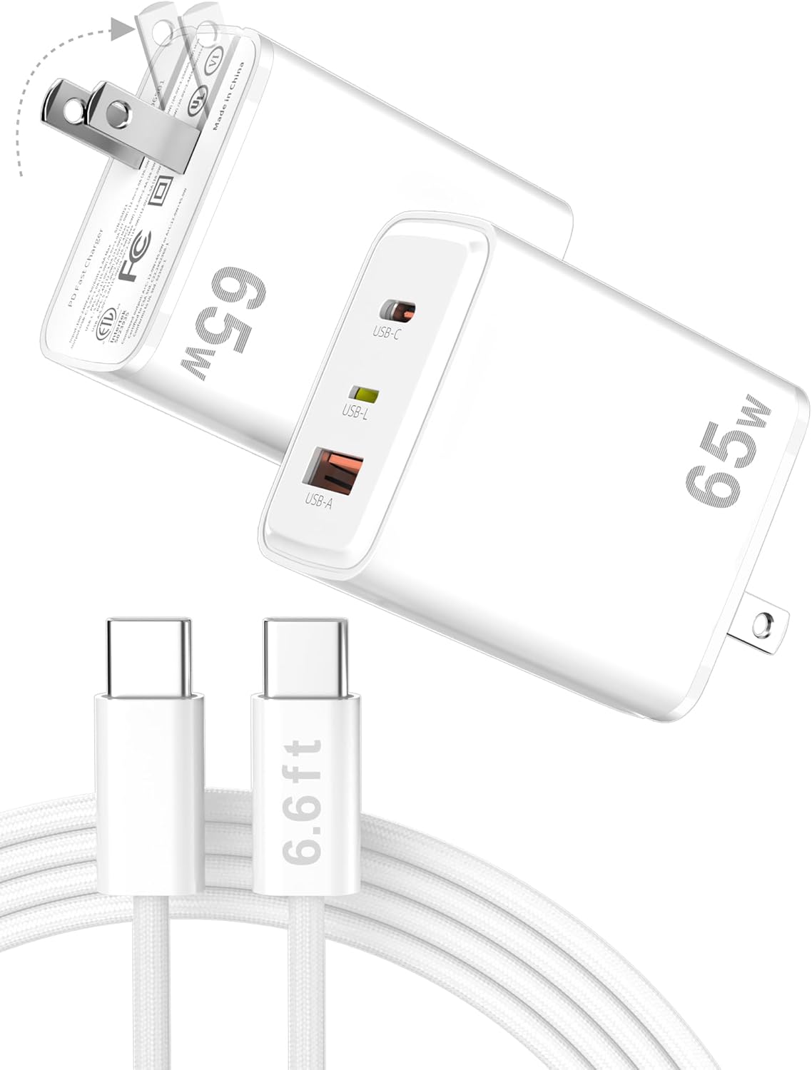 Jiunai USB C Charger for Samsung S26 Ultra 60W Super Fast Charging PPS 3-Port GaN Foldable Wall Charger 6ft Type C Cable PD Type C Wall Charge Adapter for Samsung Galaxy S25 S24 for iPhone White