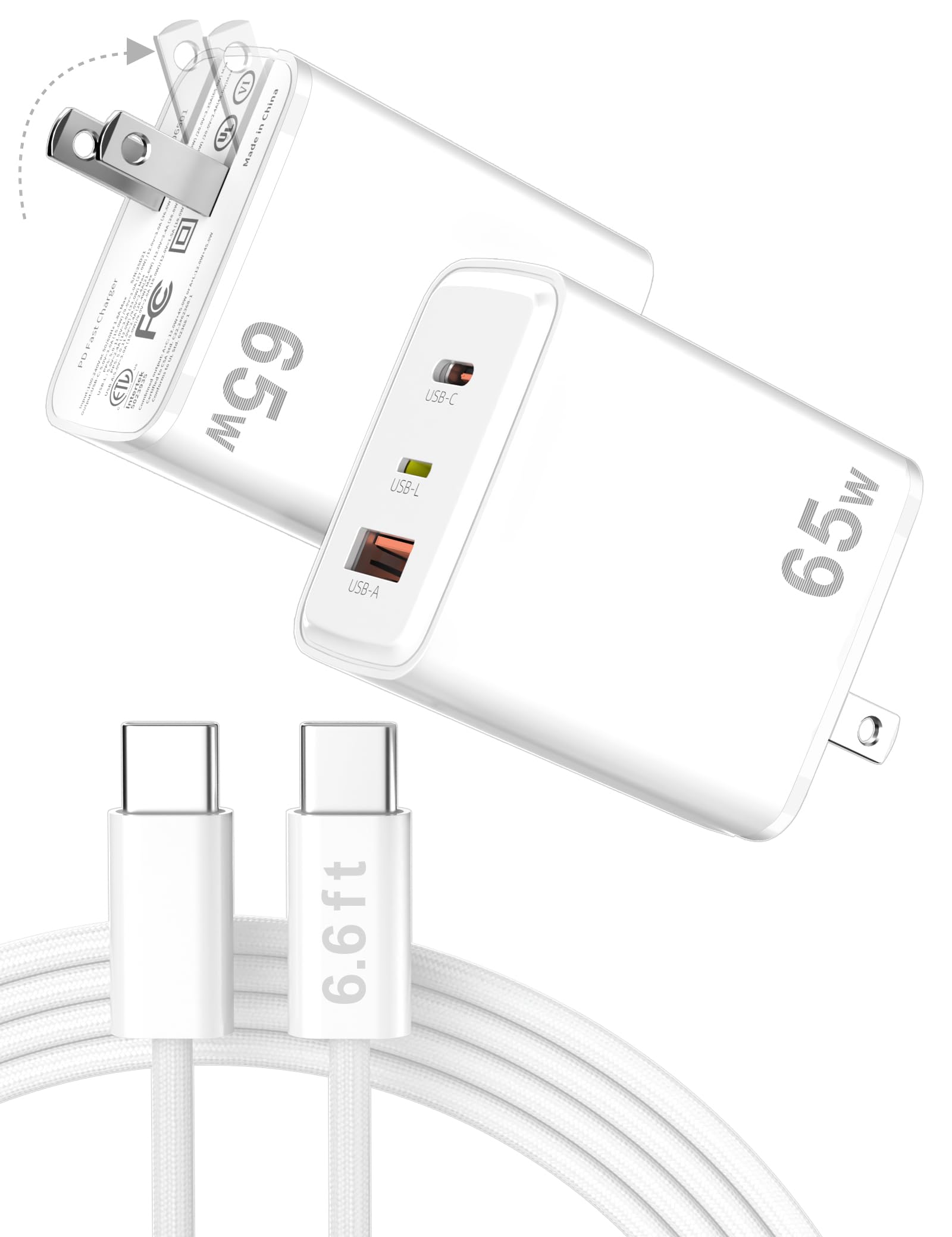 Jiunai USB C Charger for iPhone 17 65W PPS 3-Port GaN Super Fast Wall Foldable Charger for MacBook