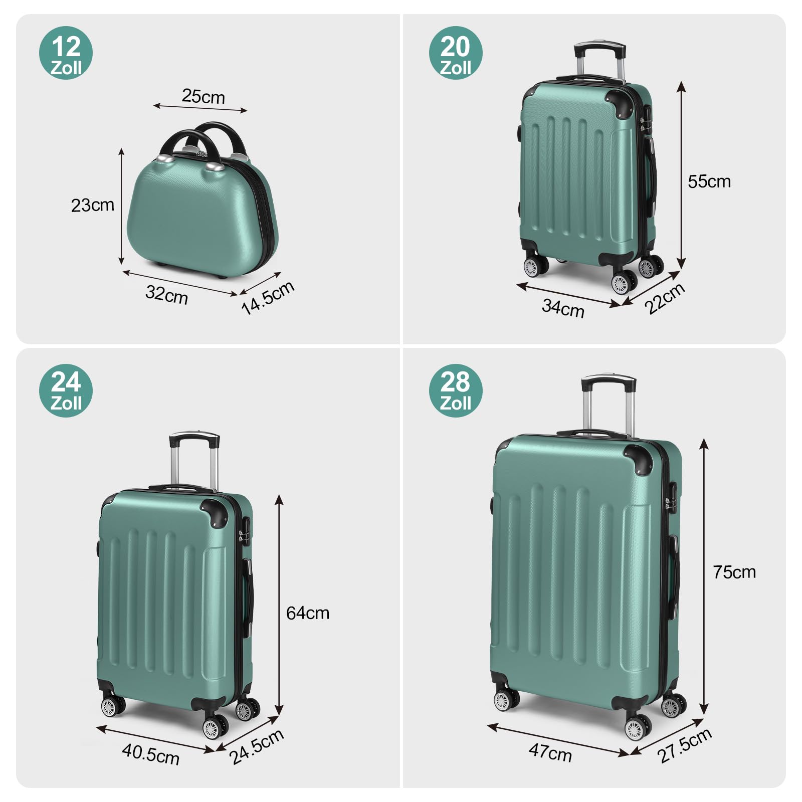 LALAHO Kofferset 4 teilig Hartschale mit Kosmetikkoffer - Türkis | Koffer Set aus ABS, Reisekoffer mit Rollen Groß, Hartschalenkoffer Set, Koffer & Trolleys
