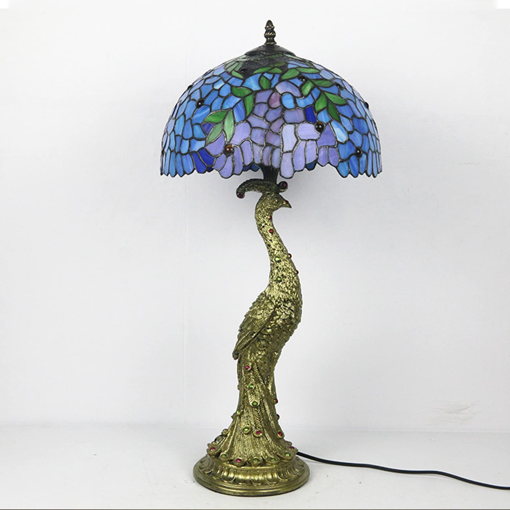BOTOWI Tiffany-Stil Pfau Tischlampe Pastorale Nachttischlampe aus Buntglas Trauben Glyzinien Schreibtisch-Leselampen für Schlafzimmer-Nacht-Café-Bar, 12 Zoll,Wisteria