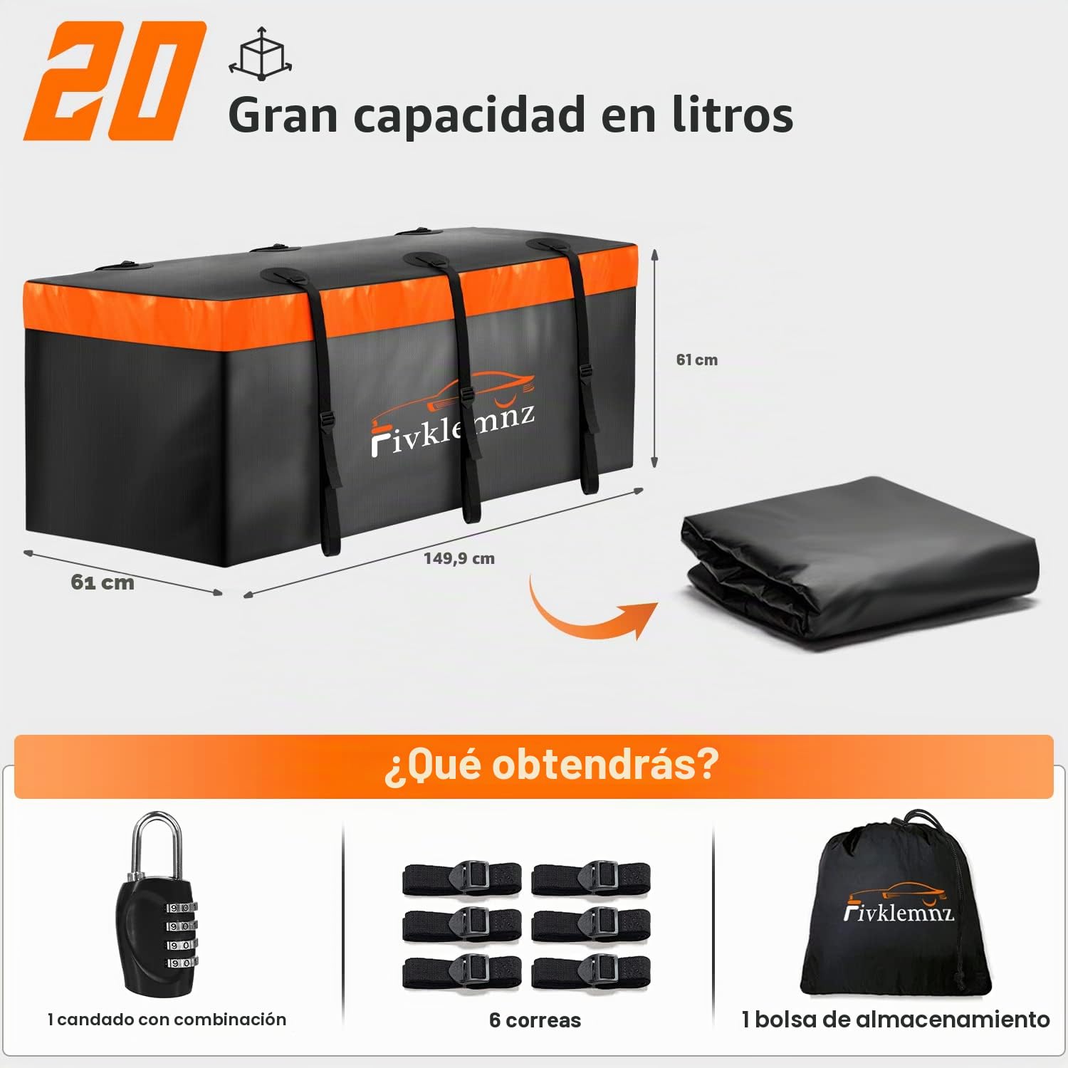 Bolsa para portaequipajes con Enganche, 566 l, 100% Impermeable, para Bandeja de Carga (150 x 61 x 61 cm), con 6 Correas reforzadas y candado, para vehículos con Cesta de Remolque de Acero (Grande)