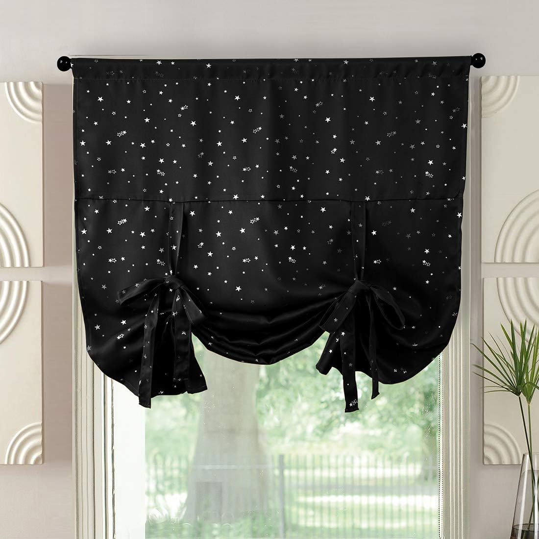 63" Blackout Metal Silver Star Pattern Adjustable Tie Up Thick Rod Pocket Solid Thermal Insulated Curtain Window Treatment Roman Shades Kitchen Living Room Kids Curtains, 1 Panel, 63 inch, Blue