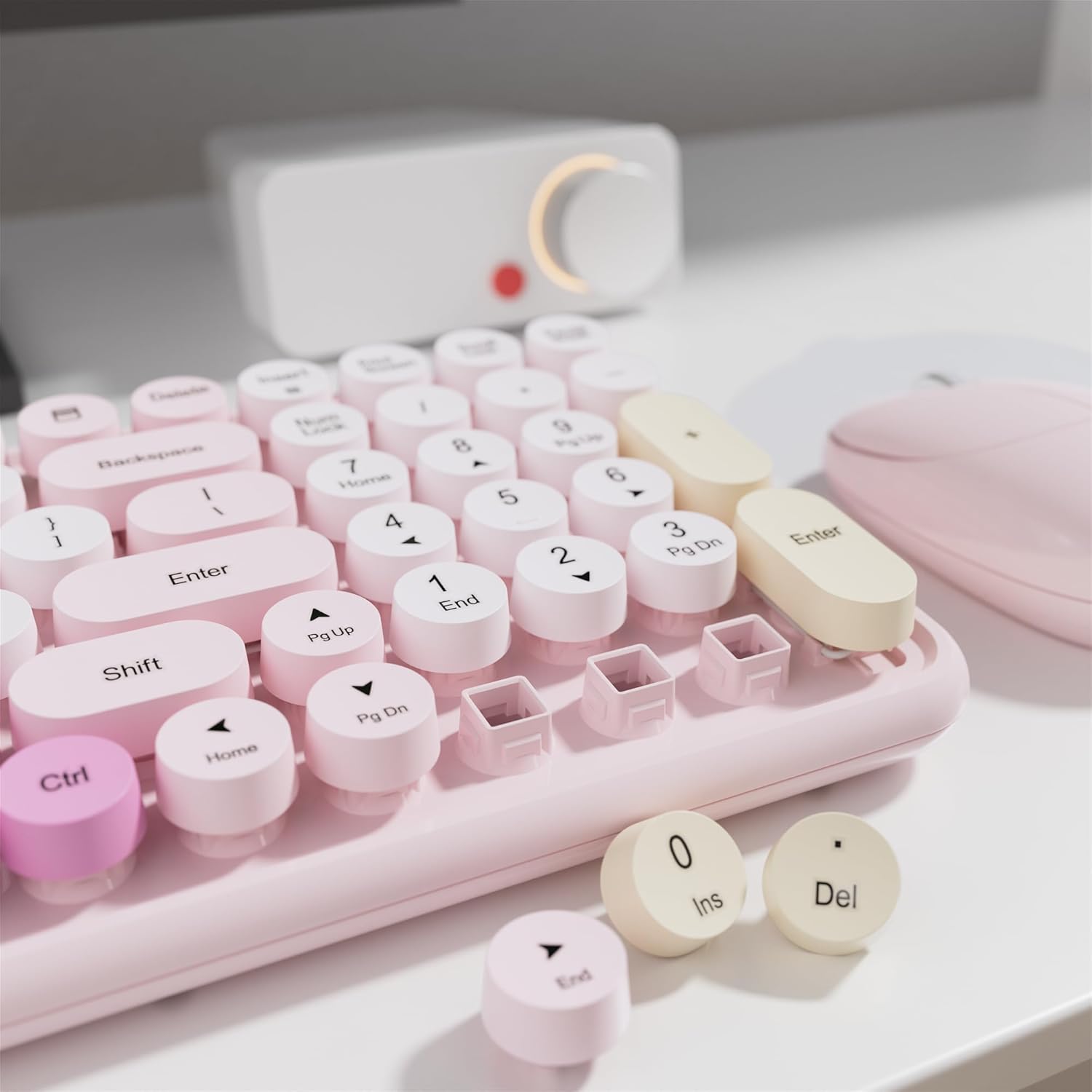 MPTOG Retro Typewriter Wireless Keyboard and Mouse Combo, Colorful Round Floating Keycaps, 100-Key Full-Size Aesthetic Desktop Set with Power Switch for PC, Mac (Pink)