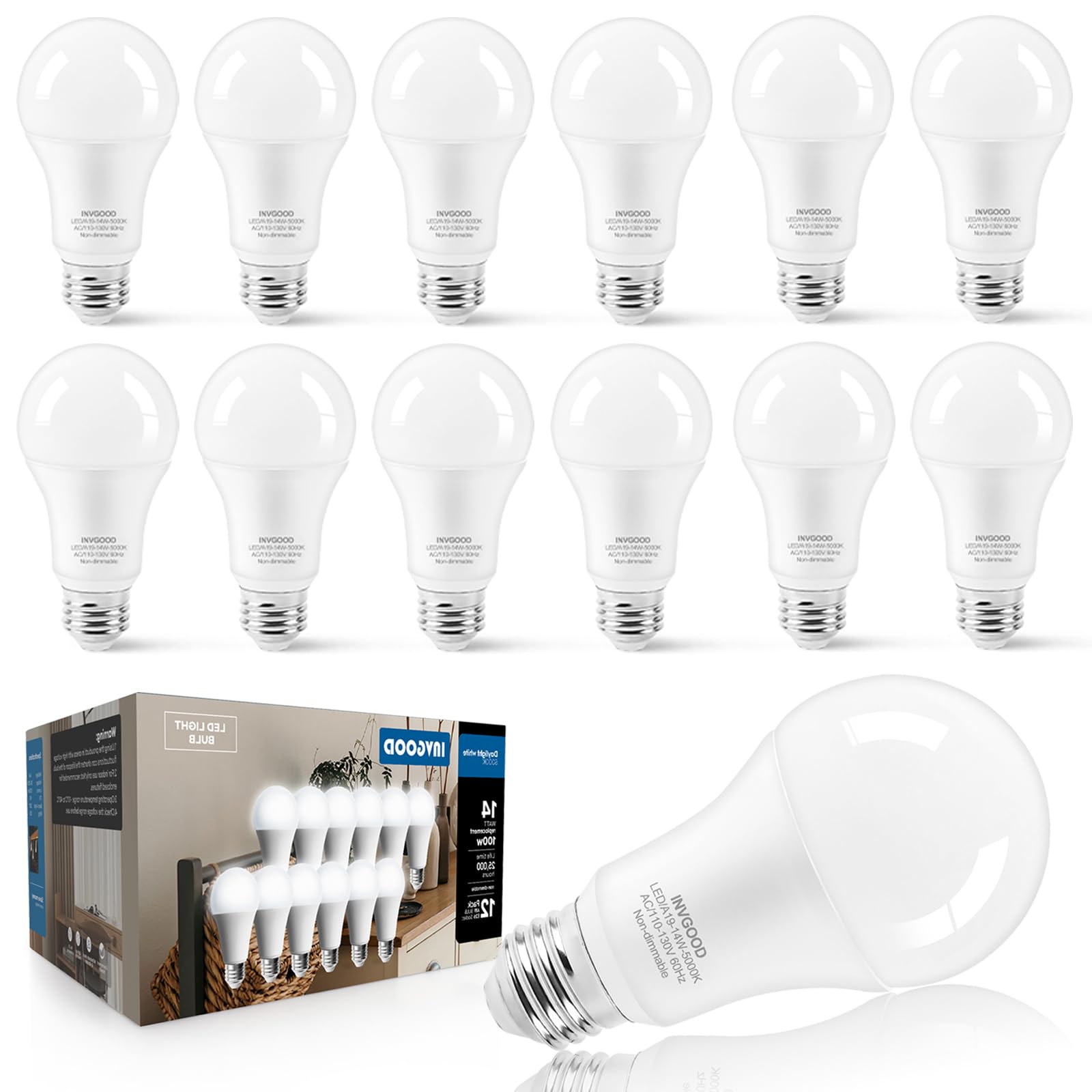 IINVGOOD 14W A19 LED Light Bulbs 100-125 Watt Equivalent, 12 Packs 1600LM Bright 5000K Daylight White LED Bulbs, E26 Medium Base Bulbs for Home Office