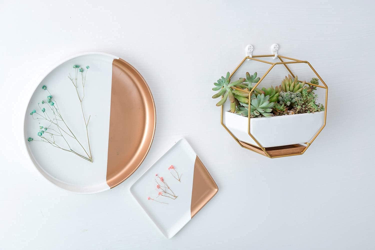 Ivolador Modern Wall Planter, Metal Wire Octagon Design Wall-Mounted Shelves with Ceramic Flower Pot, Air Plant Container Hanging Vase Desktop Succulents Planter-Golden : Patio, Lawn & Garden